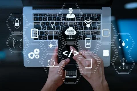 Cyber security internet and networking concept.Businessman hand working mob.. Stock Photos