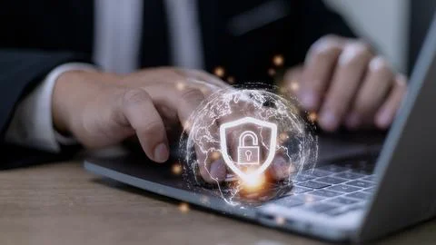 Cyber Security Internet And Networking Concept. Businessman Hand Working Wi.. Stock Photos