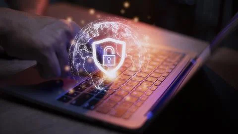 Cyber Security Internet And Networking Concept. Businessman Hand Working Wi.. Stock Photos
