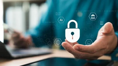 Cyber ??security internet data protection, businessman using laptop and tab.. Stock Photos