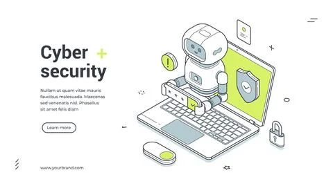 Cyber security isometric banner. Robot protects a laptop by entering a passwo 库存插图