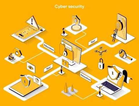 Cyber security isometric web banner. Protect personal data 3d scene design. M Stock Illustration