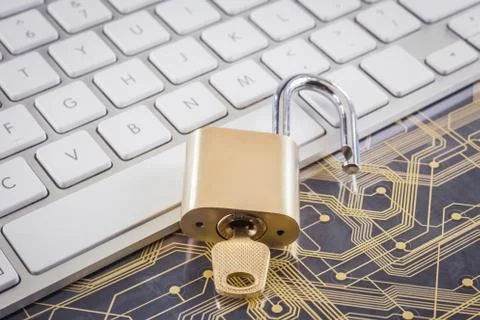Cyber security with key lock, keyboard, circuit board. Stock Photos