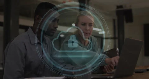 Cyber Security label appearing prompts pair pointing screen rotating UI cloud Stock Footage 310643807