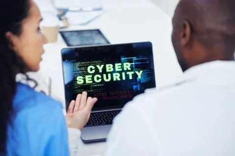 Cyber security, laptop and hospital nurse doctors with tech problem, malware Stock Photos