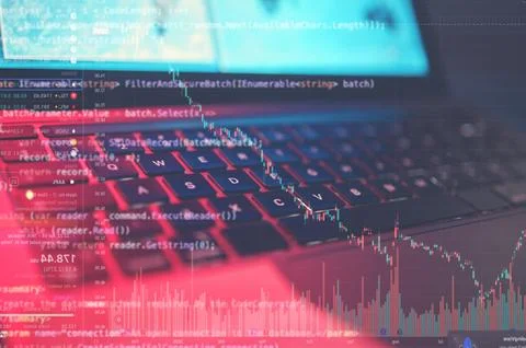 Cyber security, laptop and software malware, algorithm error and programming Foto stock