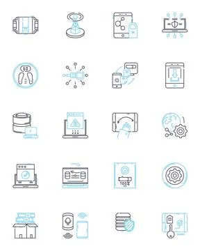 Cyber security linear icons set. Encryption, Firewall, Malware, Breach Illustrazione stock