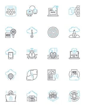 Cyber security linear icons set. Firewall, Encryption, Malware, Spoofing Stock Illustration