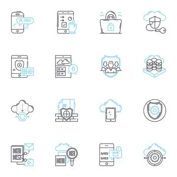 Cyber security linear icons set. Firewall, Encryption, Malware, Spoofing Stock Illustration