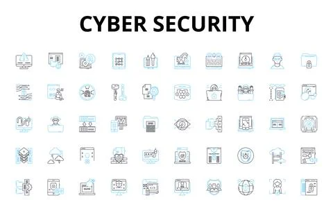 Cyber security linear icons set. Encryption, Firewall, Phishing, Malware イラスト素材