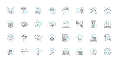 Cyber security linear icons set. Firewall, Encryption, Malware, Spoofing Illustrazione stock