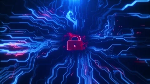 Cyber security lock circuit background with red open padlock, blue glowing board Stock Footage 333860237