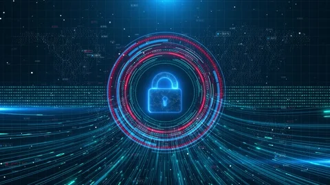 Cyber security lock interface glowing rings, world map dots, binary code, fast d Stock Footage 340403088