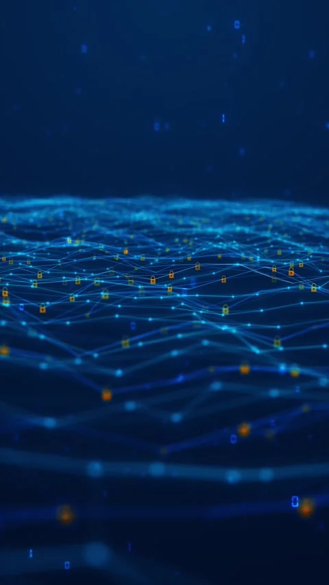 Cyber security lock network background glowing blue mesh, connected nodes, and e Stock Footage 340549399