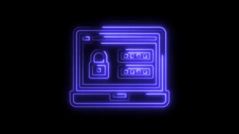 Cyber security lock symbol and laptop with neon effect against black background Stock Footage 322973387