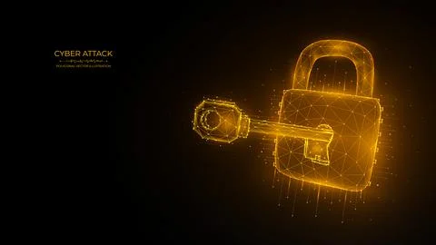 Cyber security low poly art. Polygonal vector illustration of a key and lock. Stock Illustration