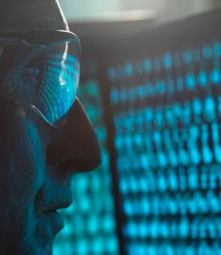 Cyber Security, Man looking at computer screen which is being infected by a Stock Photos