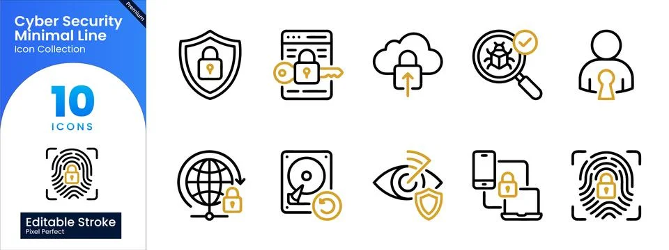 Cyber Security Minimal Line Icon Set for Data Protection Stock Illustration