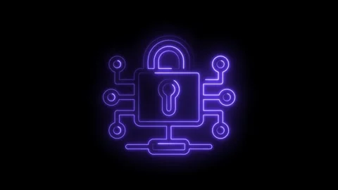 Cyber security neon style animation of a padlock icon on black background Stock Footage 346008282