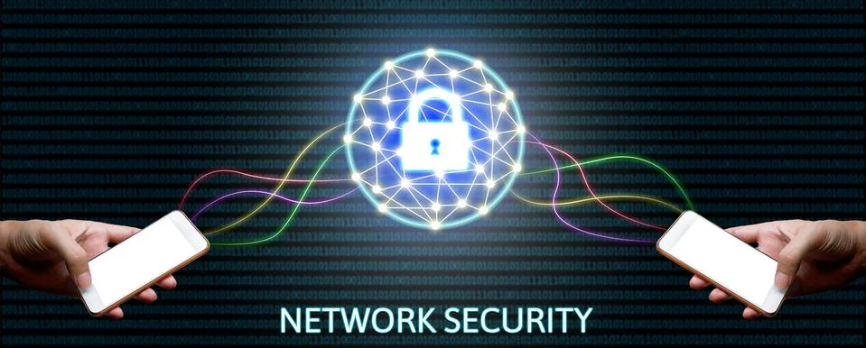 Cyber security network concept, man holding smartphone with lock networking.. Stock Photos