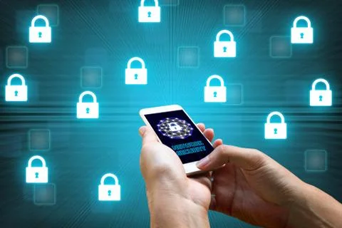 Cyber security network concept, man holding smartphone with icons lock netw.. Stock Photos