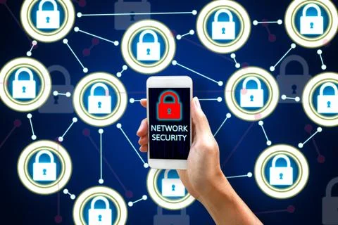 Cyber security network concept, Young asian man holding mobile phone with g.. Stock Photos