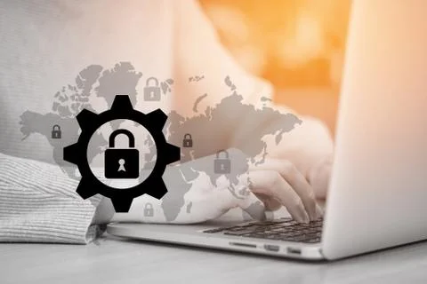 Cyber security network Internet with world map Stock Photos
