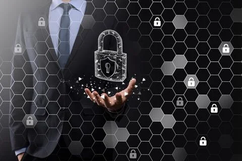 Cyber security network. Padlock icon and internet technology networking. Busi Stockfoto's