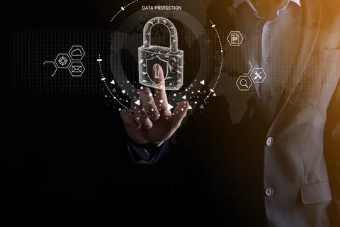Cyber security network. Padlock icon and internet technology networking. Busi Stockfoto's