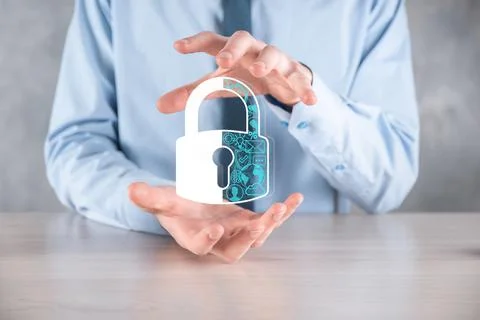 Cyber security network. Padlock icon and internet technology networking. Busi Stockfoto's