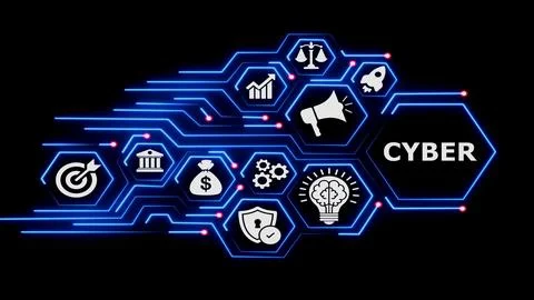 Cyber security operations center with hexagonal glowing icons. 库存插图