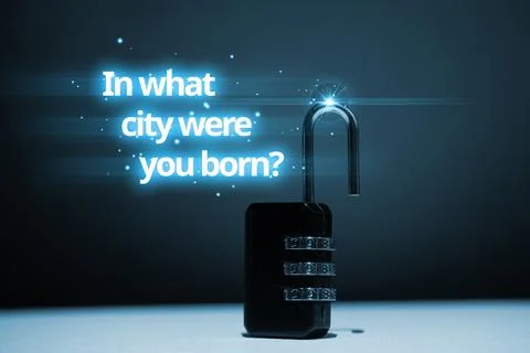 Cyber security or code word for password. Hologram Question with lock Stock Photos
