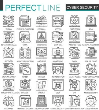 Cyber security outline mini concept symbols. Computer network protection modern Ilustración de archivo