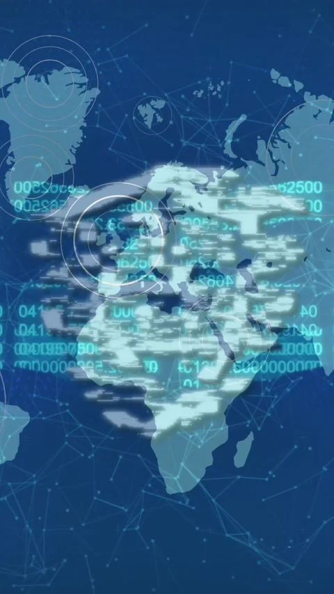 Cyber security padlock and chain against pulsating circles over world map on Stock Footage 342003961