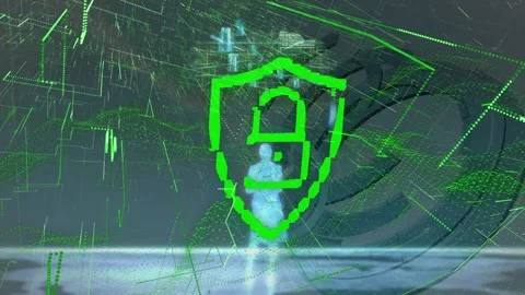 Cyber security padlock and green light trails over 3d businesspeople model Stock Footage 327964209