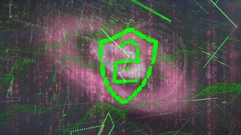 Cyber security padlock and green light trails against abstract purple shapes on Stock Footage 329108539