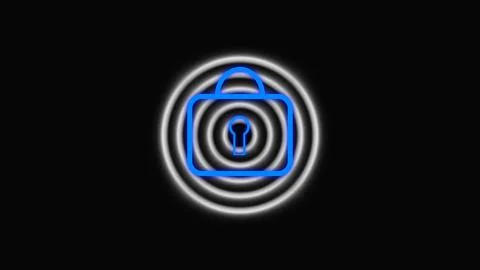 Cyber security padlock icon blue neon glow on dark background with radiatin.. Stockillustratie
