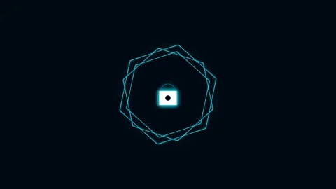 Cyber security padlock icon inside rotating neon hexagonal shapes on black .. Video stock 342278991
