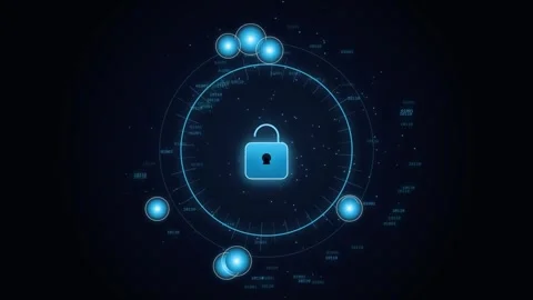 Cyber security padlock icon inside glowing digital data rings for protectio.. Stock Footage 346274807