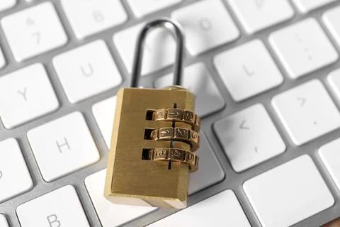 Cyber security. Padlock on keyboard, closeup view 写真素材