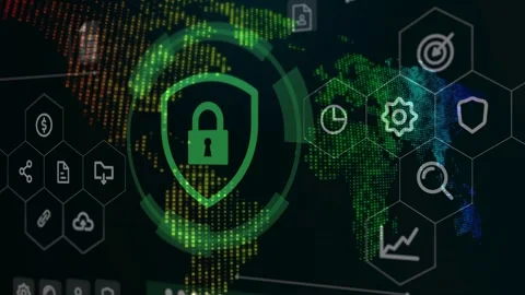 Cyber Security Padlock Shield on Digital World Map Vídeos de archivo 337731480