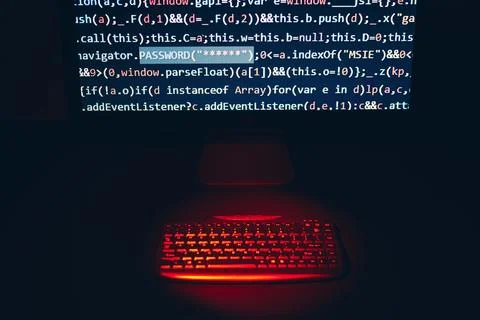 Cyber security. Program code on screen. Using computer and programming to b.. Stockfoto's