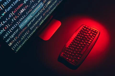 Cyber security. Program code on screen. Using computer and programming to b.. Photos