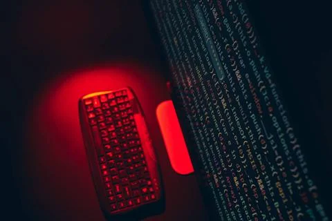 Cyber security. Program code on screen. Using computer and programming to ... 库存照片