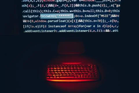 Cyber security. Program code on screen. Using computer and programming to ... 写真素材