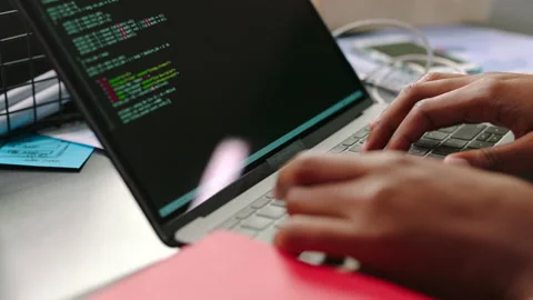 Cyber security, programmer and software hacker on laptop typing code, web design Stock Footage 225453129