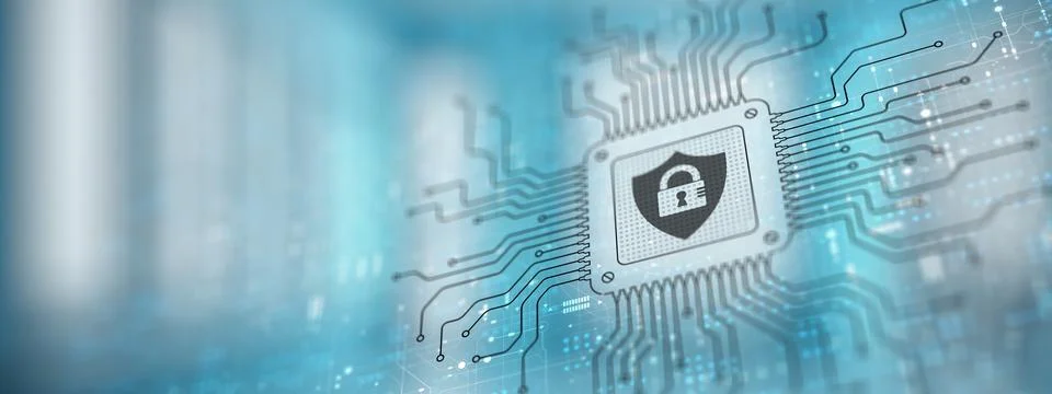 Cyber Security Protecting Data and Systems Illustrated on a Processor. 스톡 일러스트