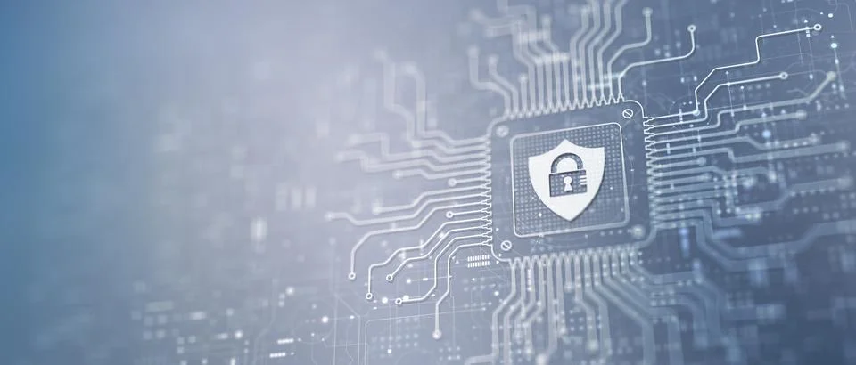 Cyber Security Protecting Data and Systems Illustrated on a Processor. 스톡 일러스트