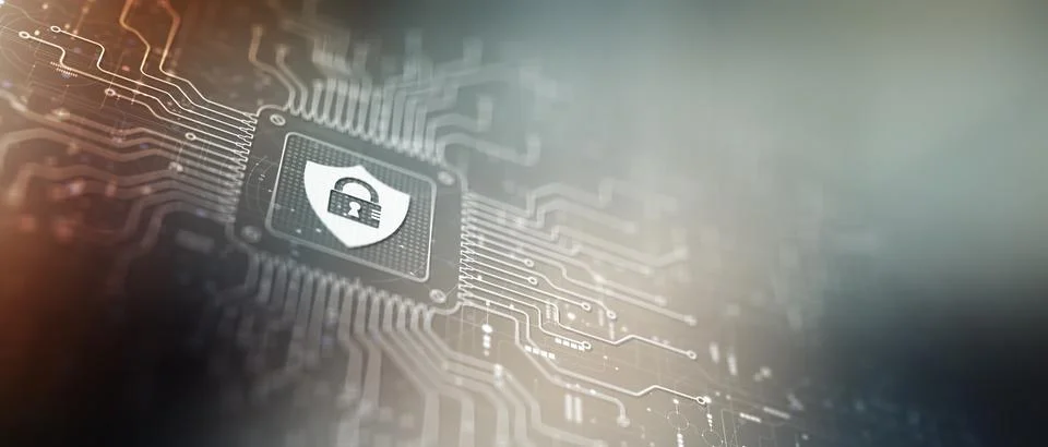 Cyber Security Protecting Data and Systems Illustrated on a Processor. Stock Photos