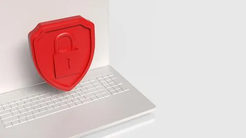 Cyber Security Protection Concept with Laptop and Shield Lock 3d render. 스톡 사진